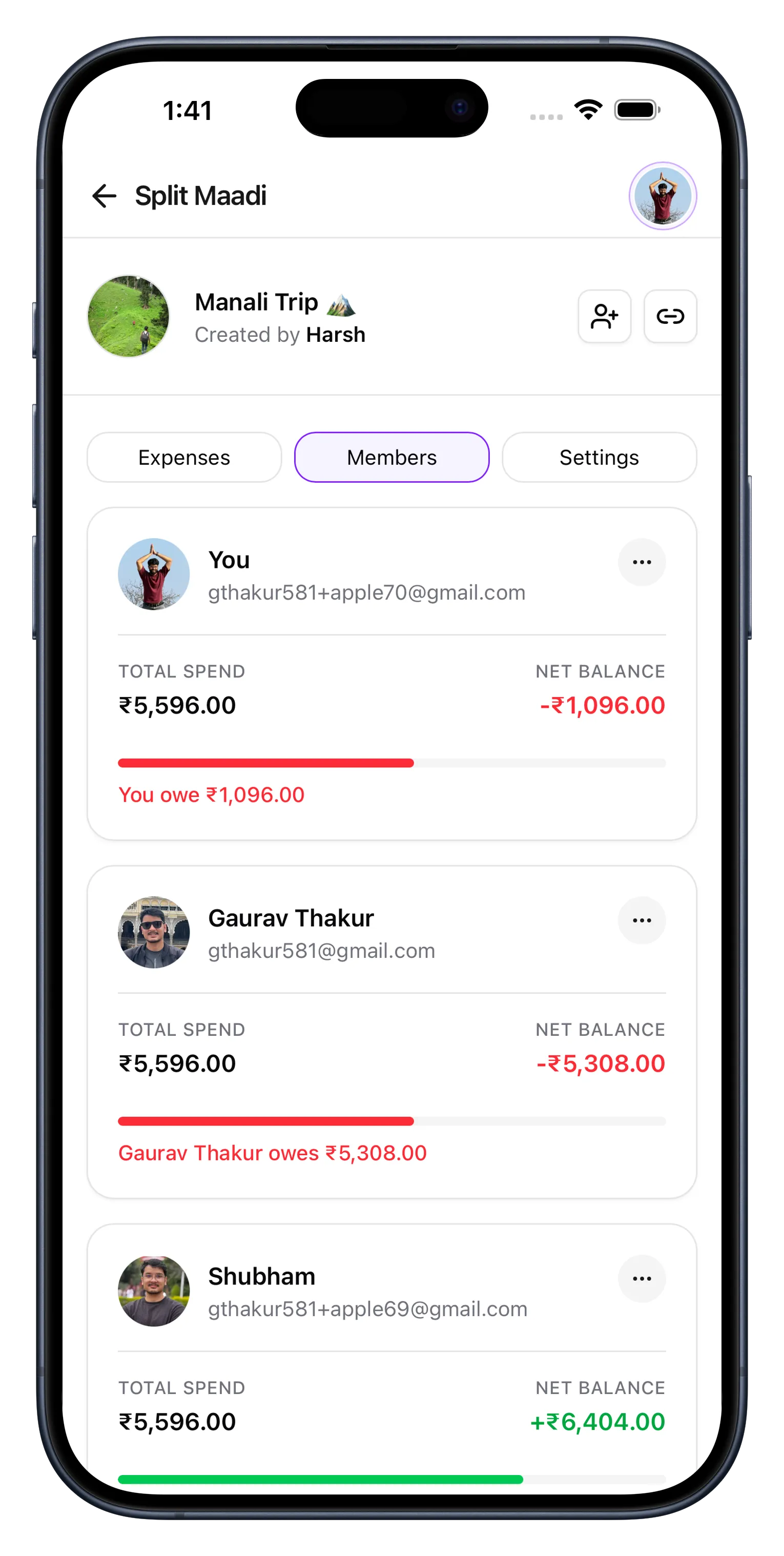Members tab showing total spend and net balance per member