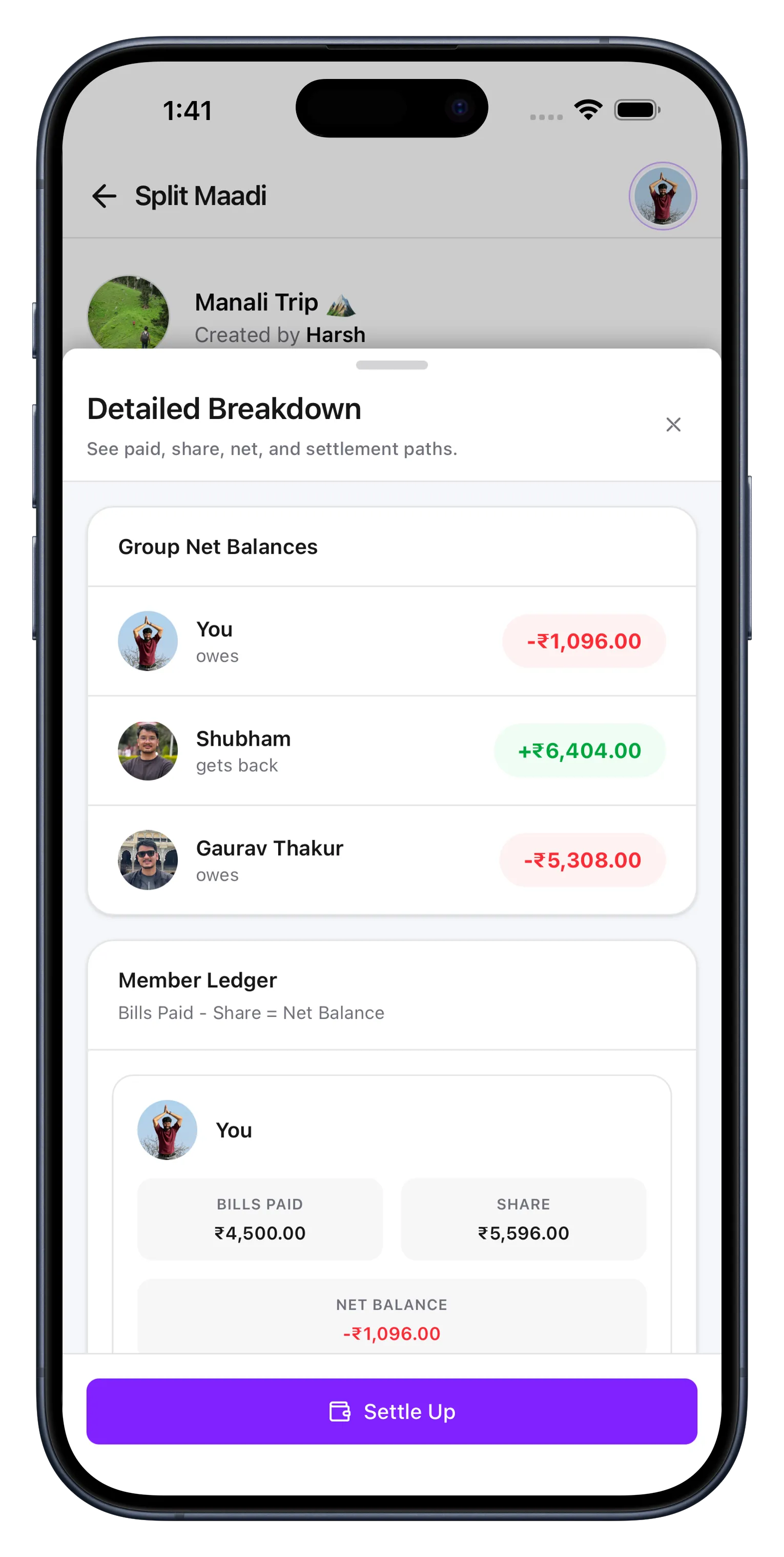 Detailed breakdown showing group net balances and member ledger