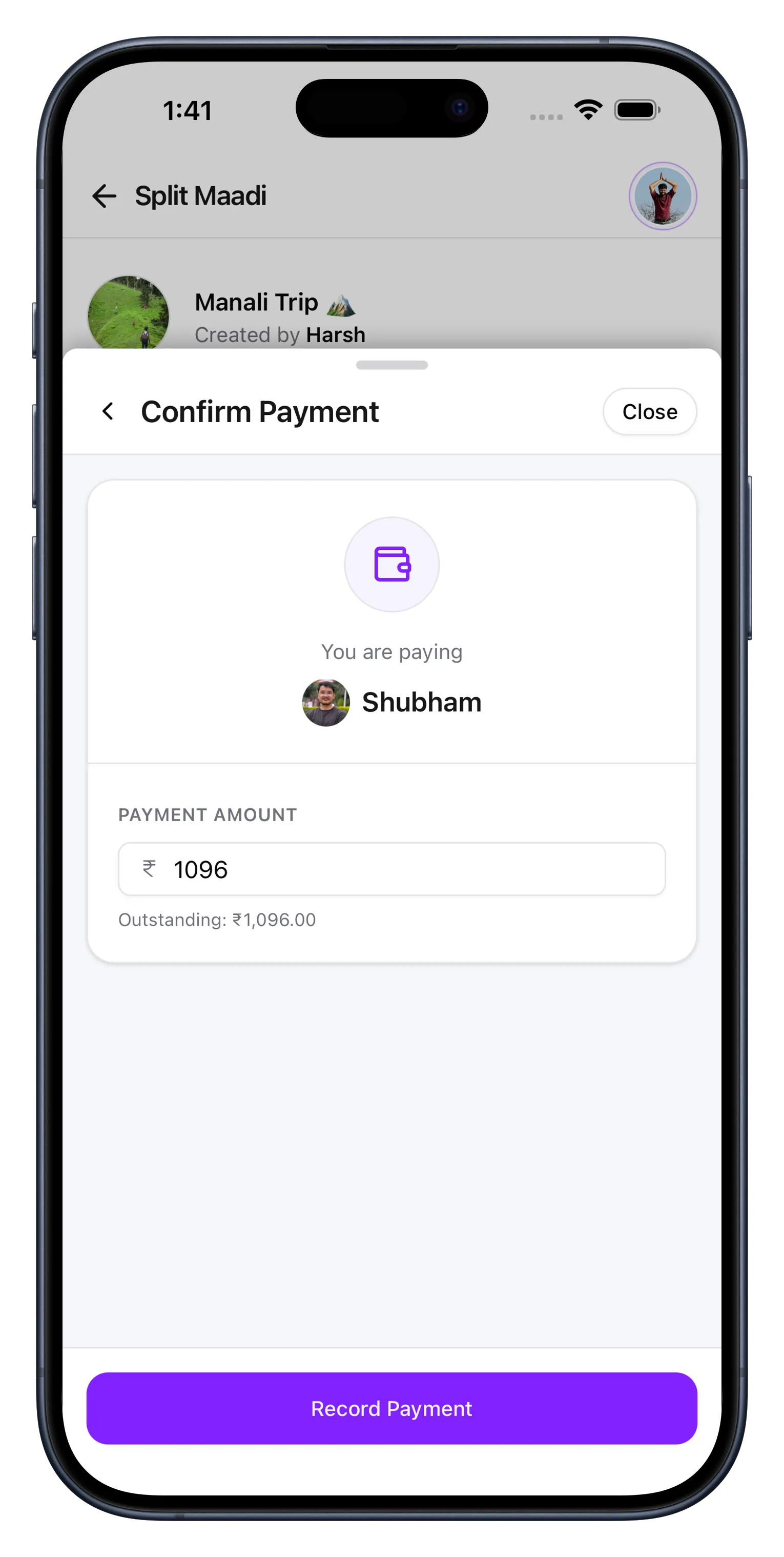 Payment confirmation screen with amount input