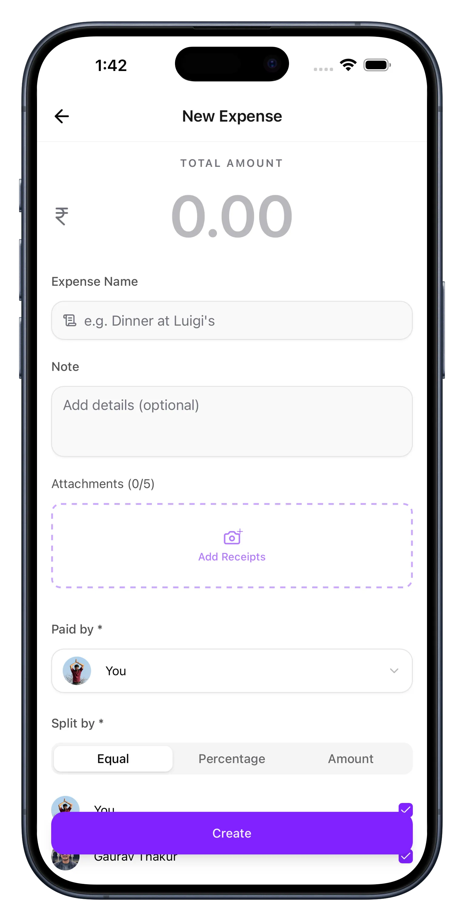 New expense form with amount, split options, and receipt attachment