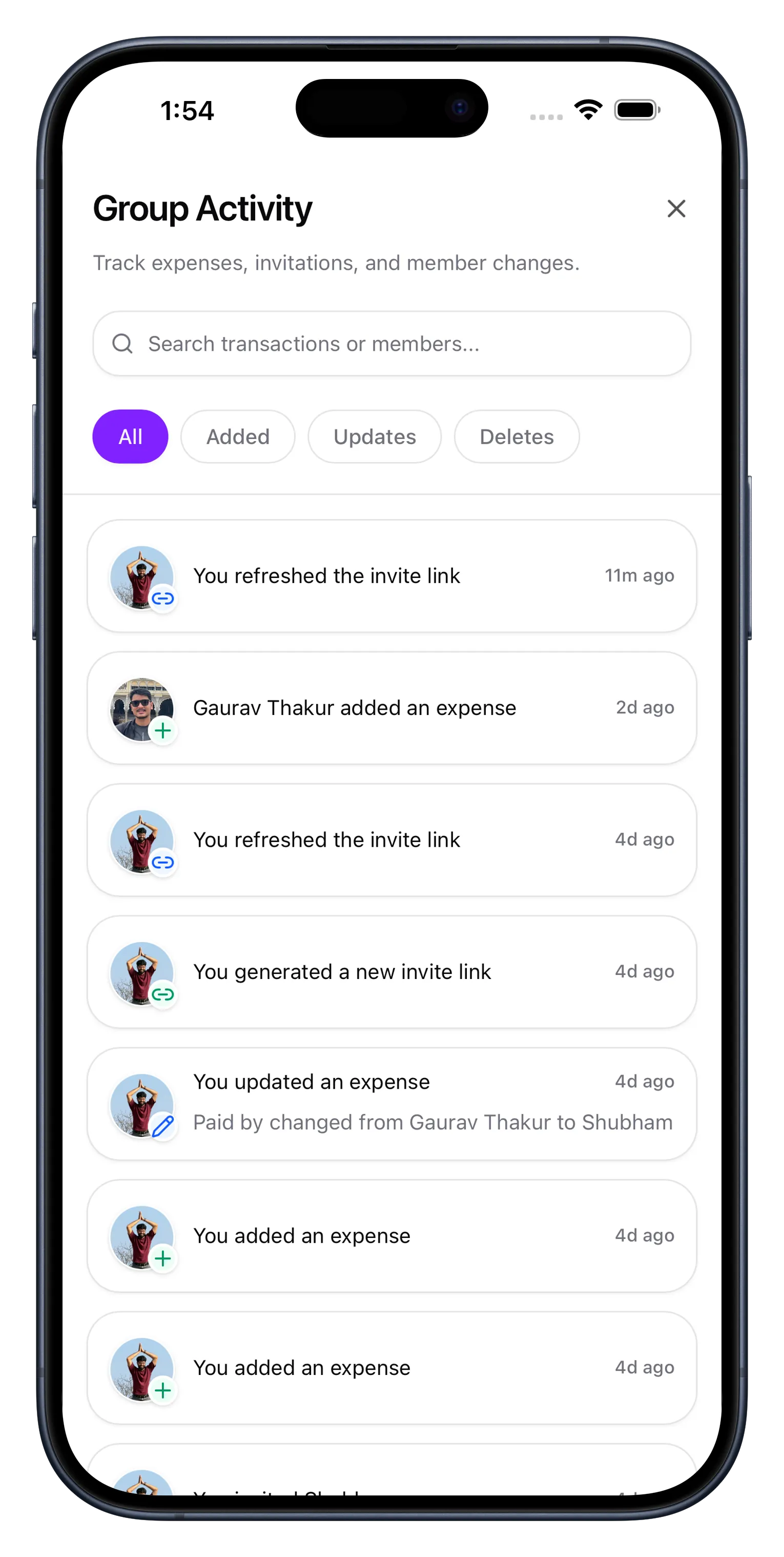 Group activity feed tracking expense additions, updates, and member changes