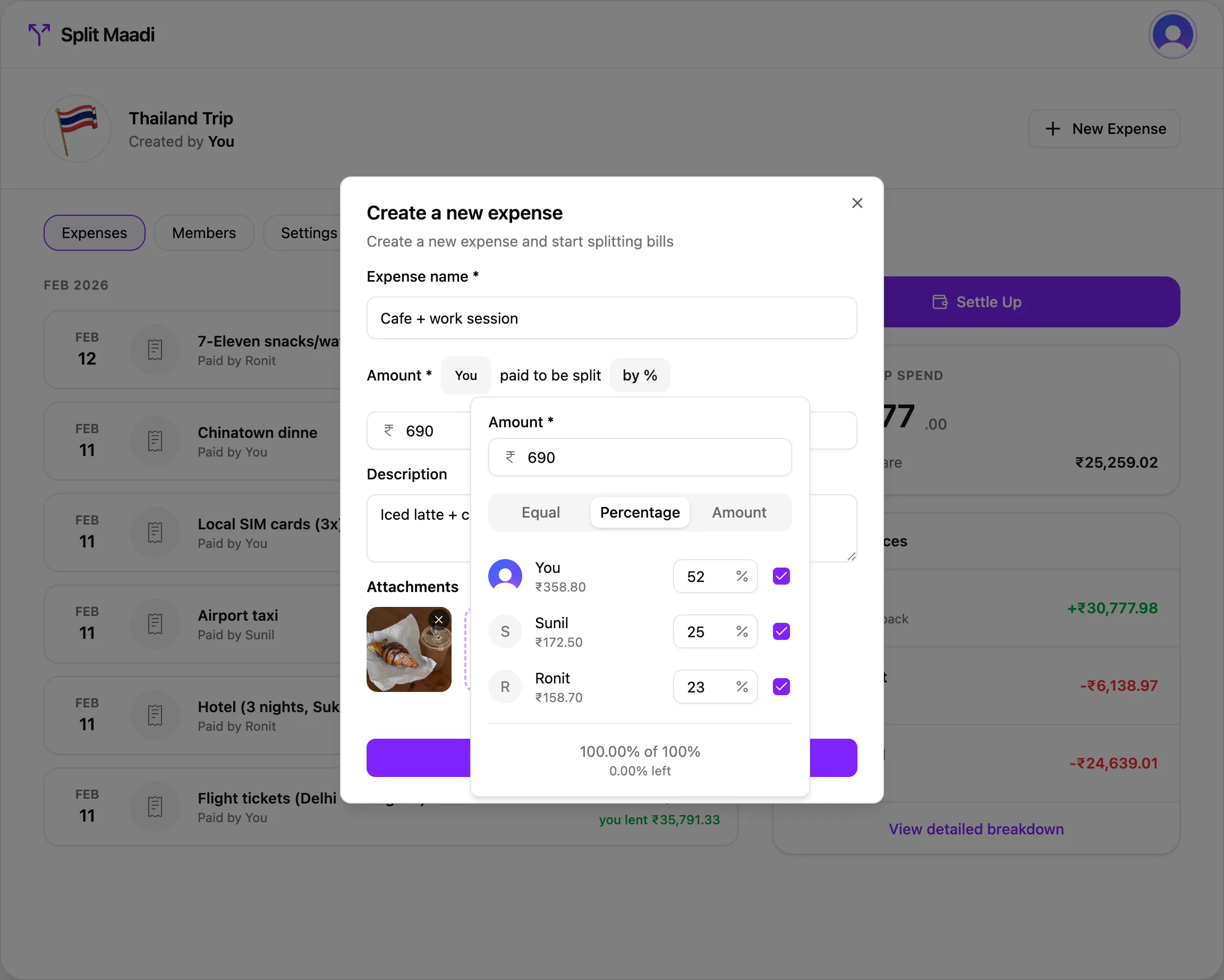 Create expense form with equal, percentage, and exact amount split options