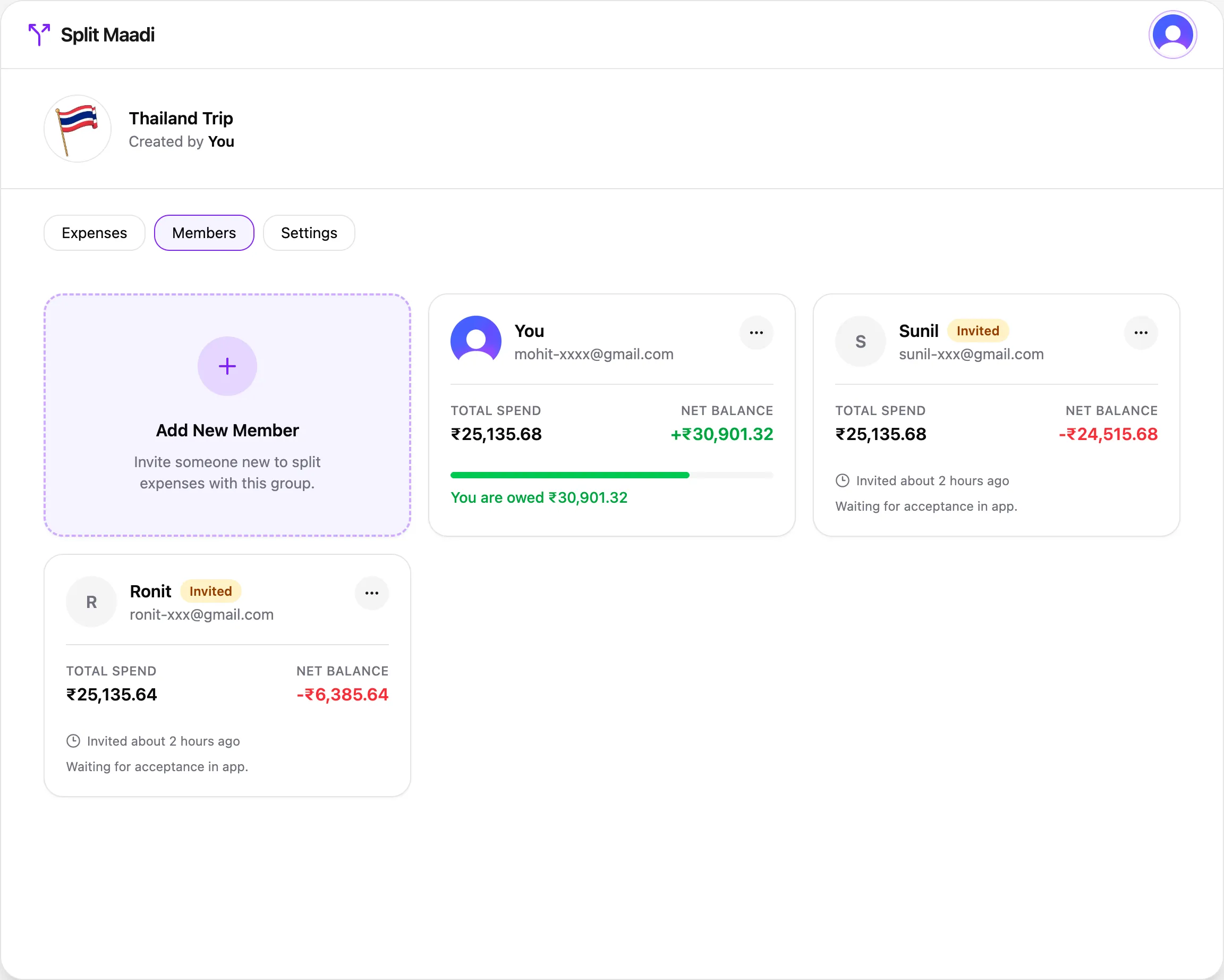 Member balances showing paid, shared, and net amounts for each group member